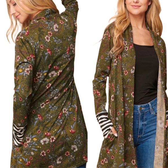 Sage Green Mixed Print Maxi Cuff w/ Thumbholes Duster Cardi - Picture 5 of 11